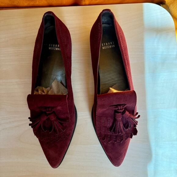Stuart Weitzman Burgundy Suede Tassel Pointy Toe Avatass Loafer Size 10 - Picture 3 of 8